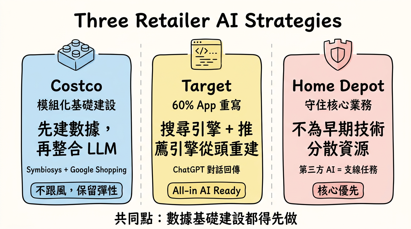 三大零售商 AI 轉型策略比較:Costco 模組化基礎建設、Target 60% App 重寫、Home Depot 守住核心業務