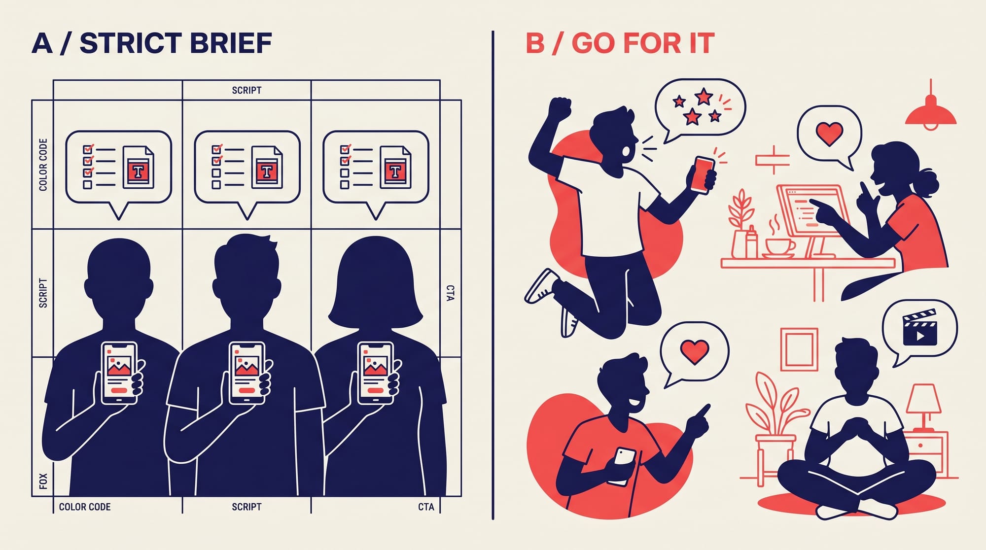 YouTube 創作者行銷嚴格 brief vs 放手去做 A/B 測試對比示意