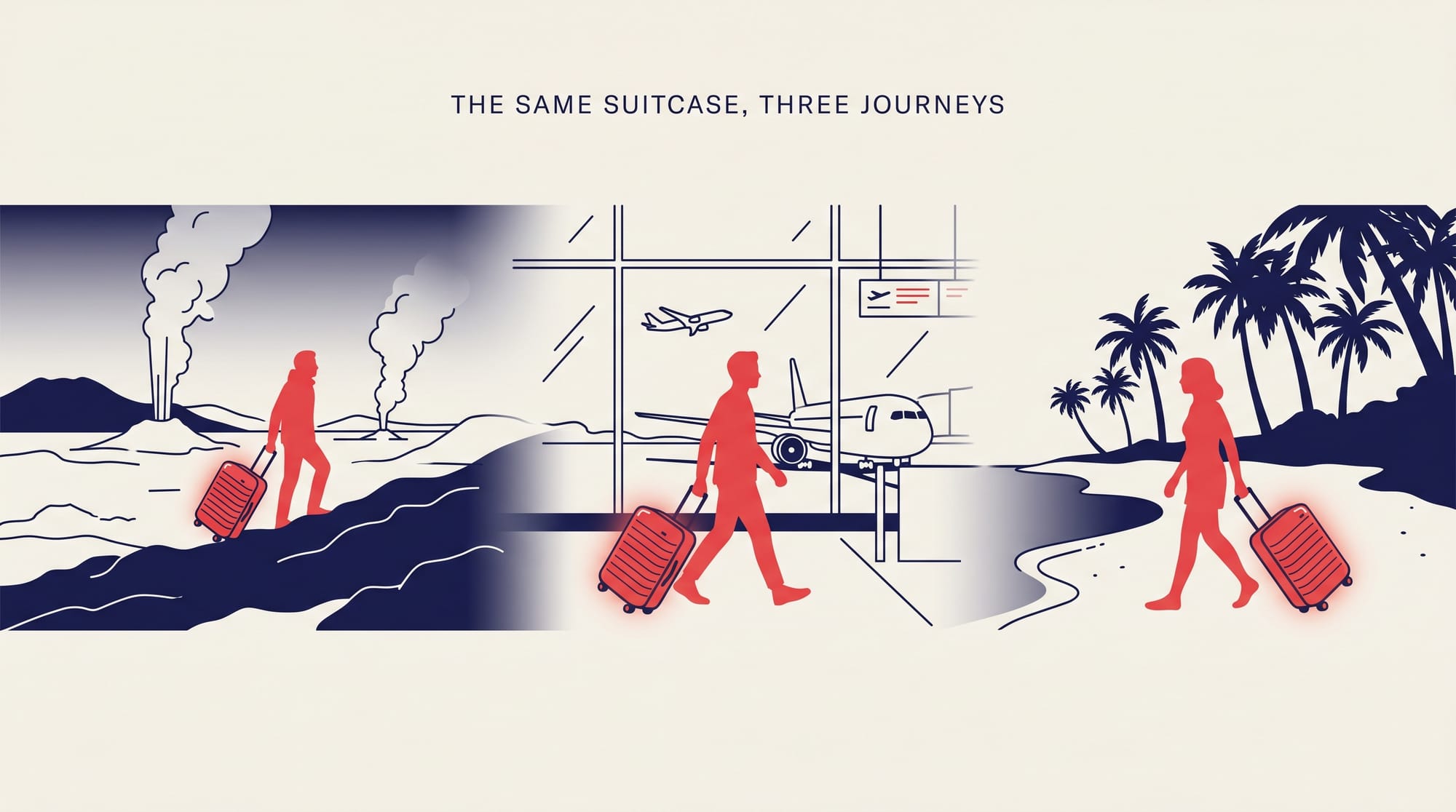 Away Travel 硬殼行李箱創作者行銷三段旅程場景示意