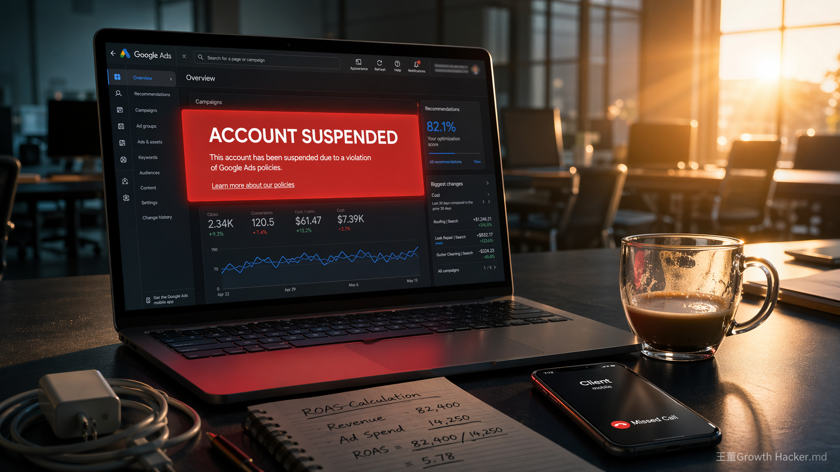 廣告投手早上打開筆電看到 Google Ads 帳號 ACCOUNT SUSPENDED 的場景，桌上有冷掉的咖啡和 ROAS 筆記，背景是清晨辦公室