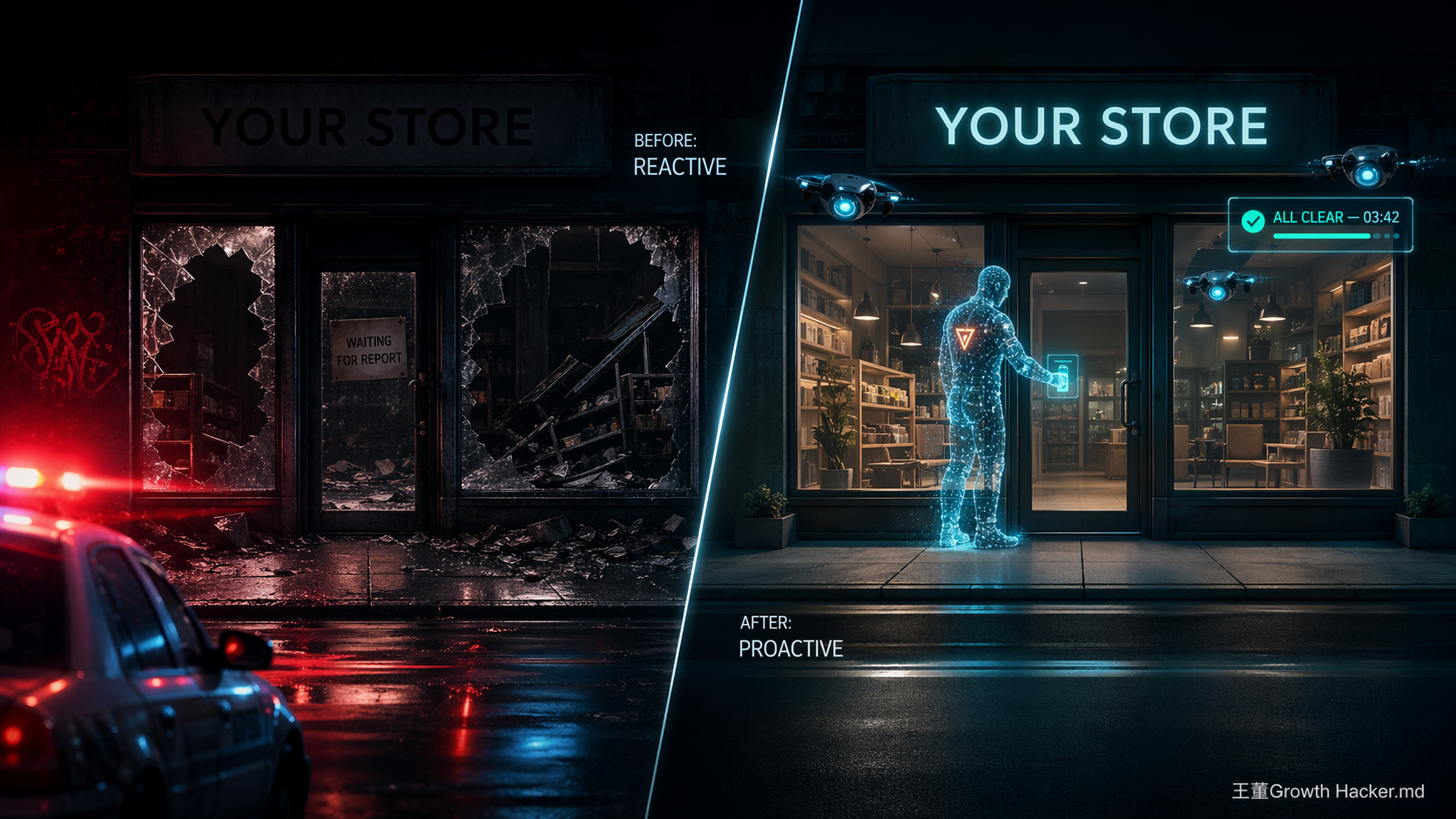 左右對比：左邊夜晚被砸破窗的店面有警車閃燈，右邊明亮店面由全息保全主動鎖門，標示 BEFORE REACTIVE 與 AFTER PROACTIVE