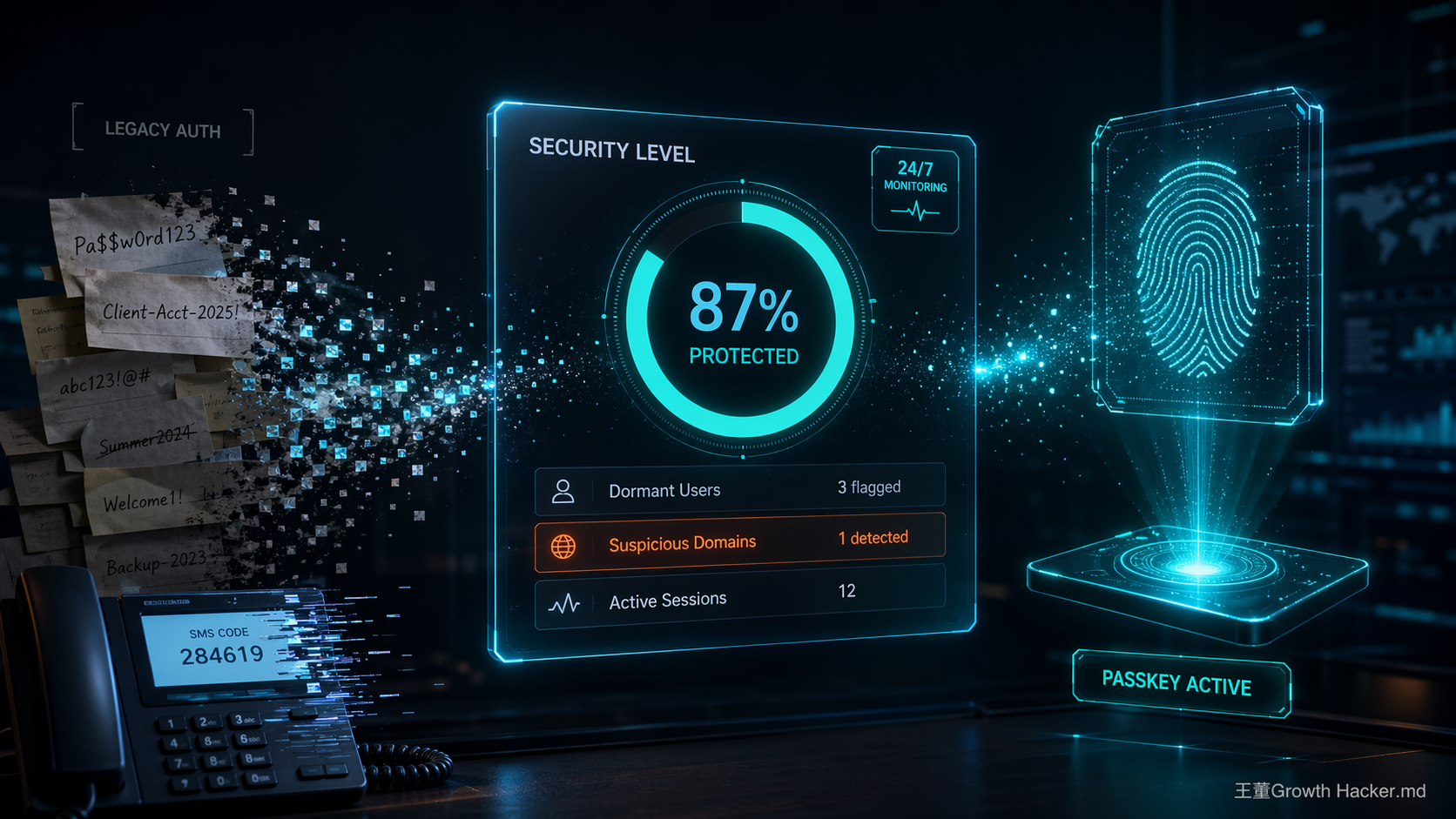 全息安全儀表板顯示 SECURITY LEVEL 87% PROTECTED，右側是 passkey 指紋掃描器，左側舊密碼便條紙正在數位化消散