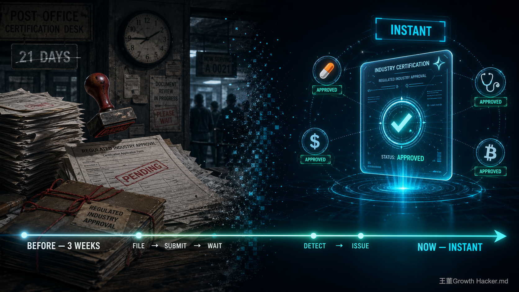 認證流程進化時間軸：左邊郵局擁擠紙本表單堆積標示 21 DAYS，右邊全息認證卡片瞬間核發標示 INSTANT，含醫藥金融加密四產業圖示