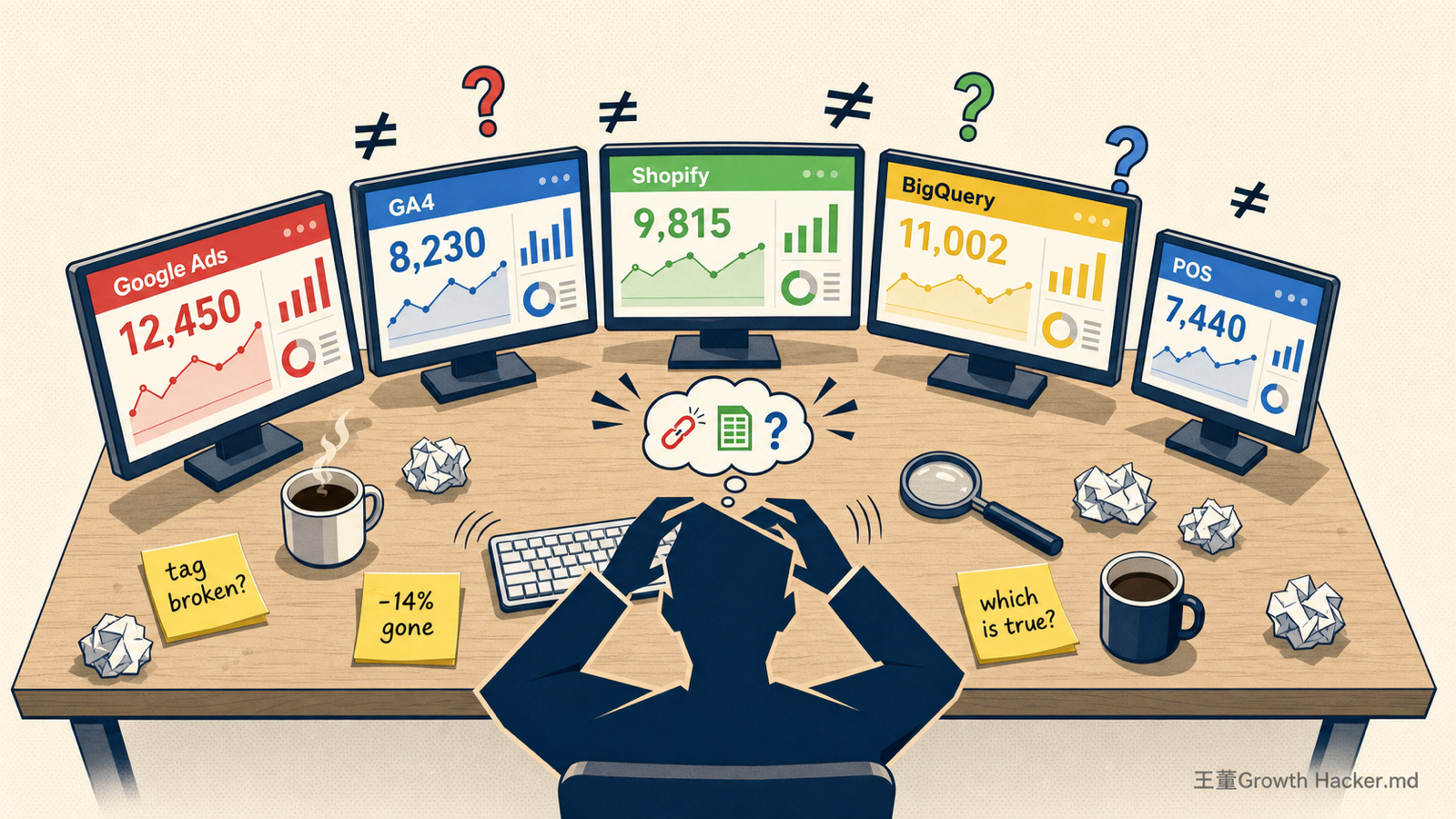 廣告投手早上打開 Google Ads、GA4、Shopify、BigQuery、POS 五個後台，數字全部對不起來的痛點場景