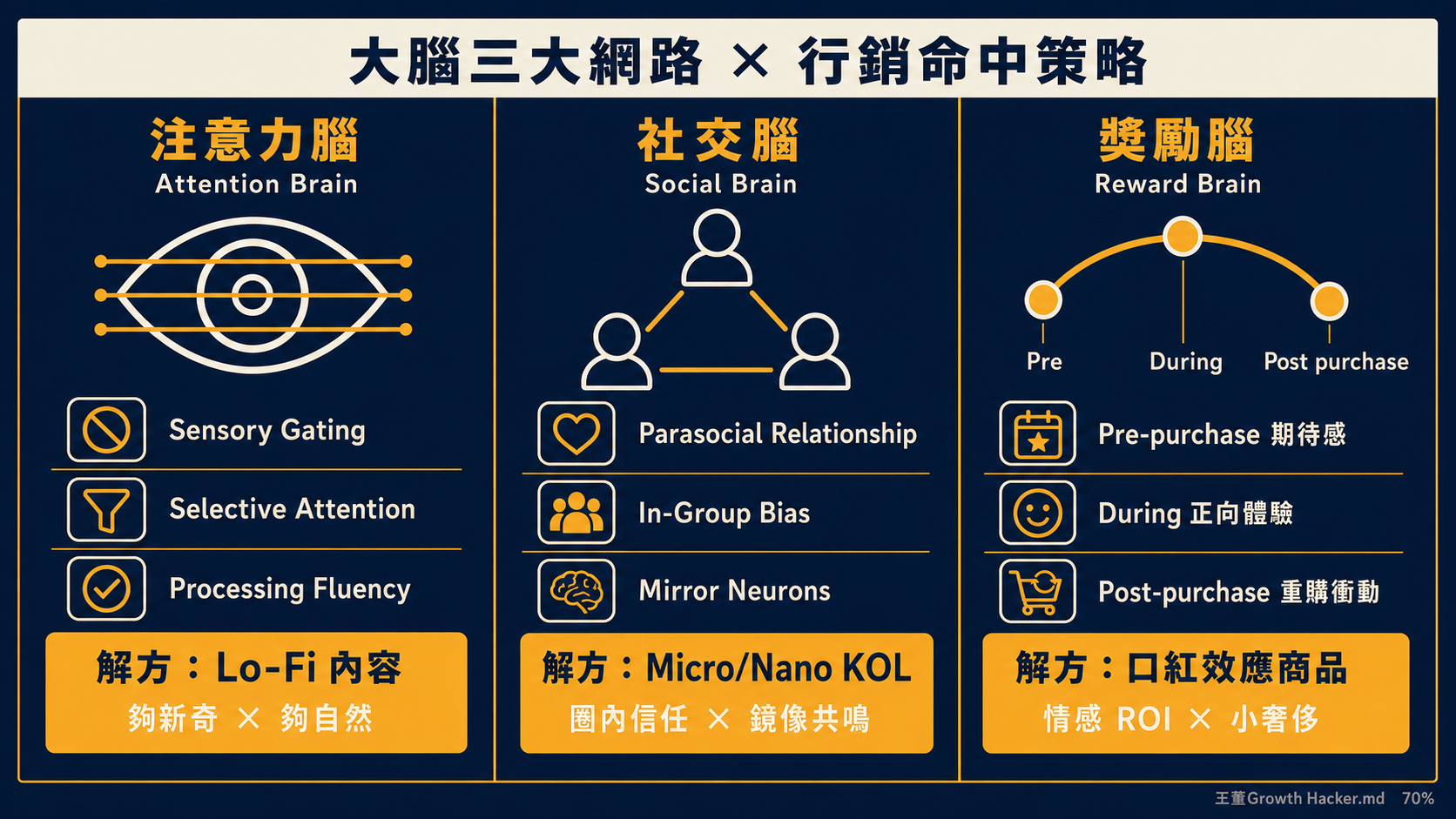 三大腦網路圖：Attention Brain、Social Brain、Reward Brain
