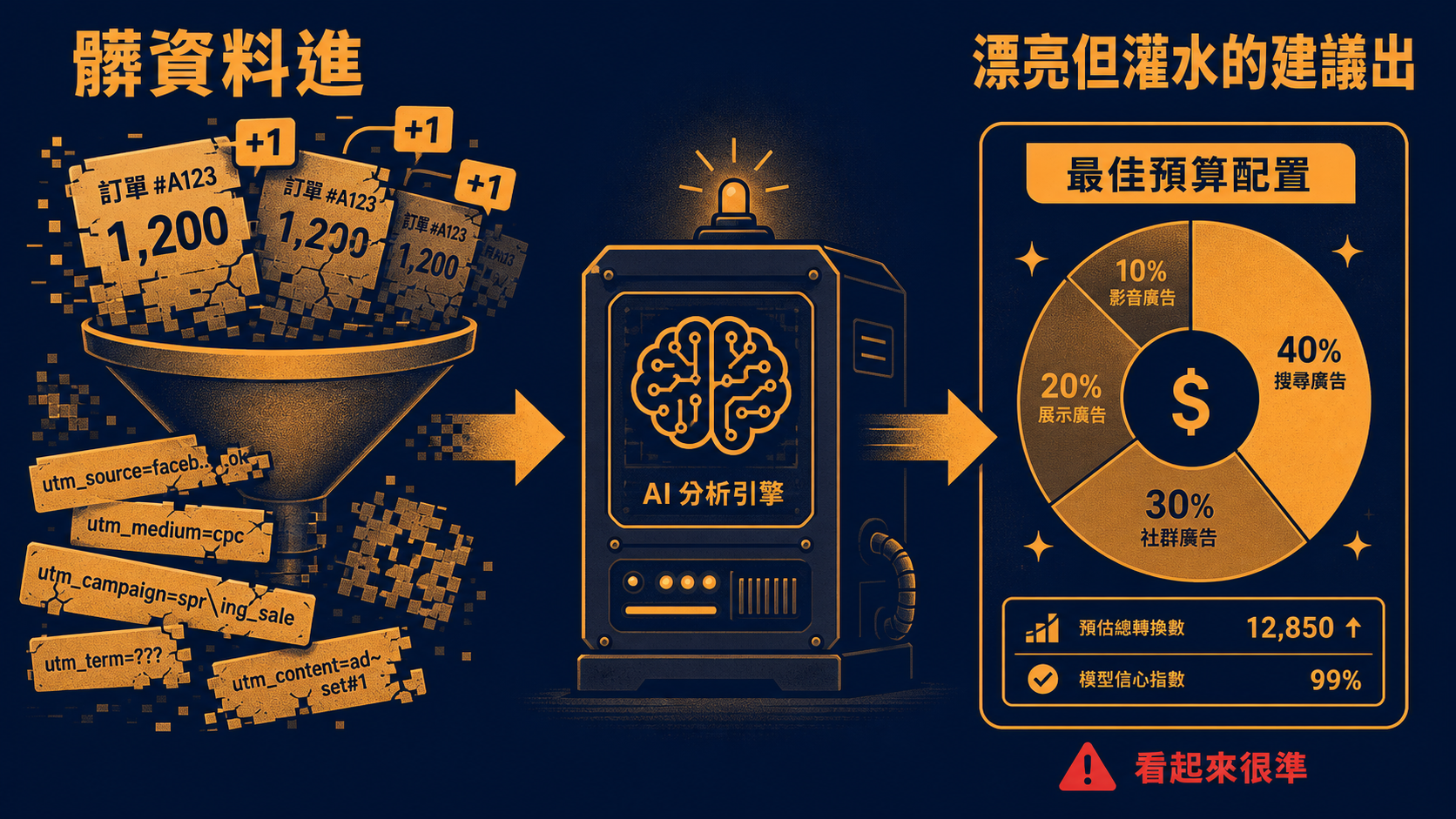 爛 cost data 與打架的轉換口徑從漏斗進去，另一端吐出漂亮但錯誤的預算配置建議