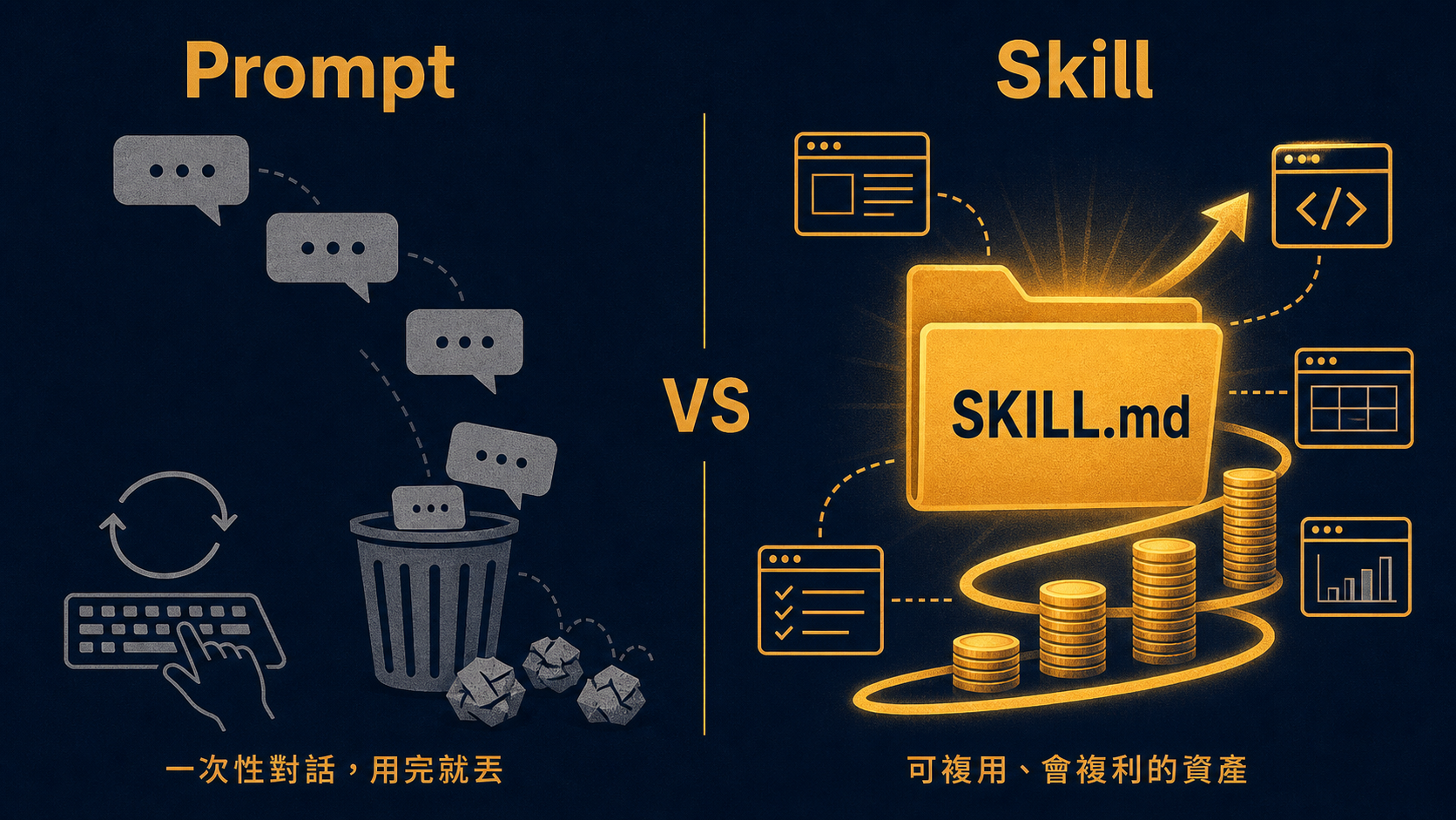 Prompt 是一次性對話,講完就沒了;Skill 是存得下來、能複用、會複利的資產。