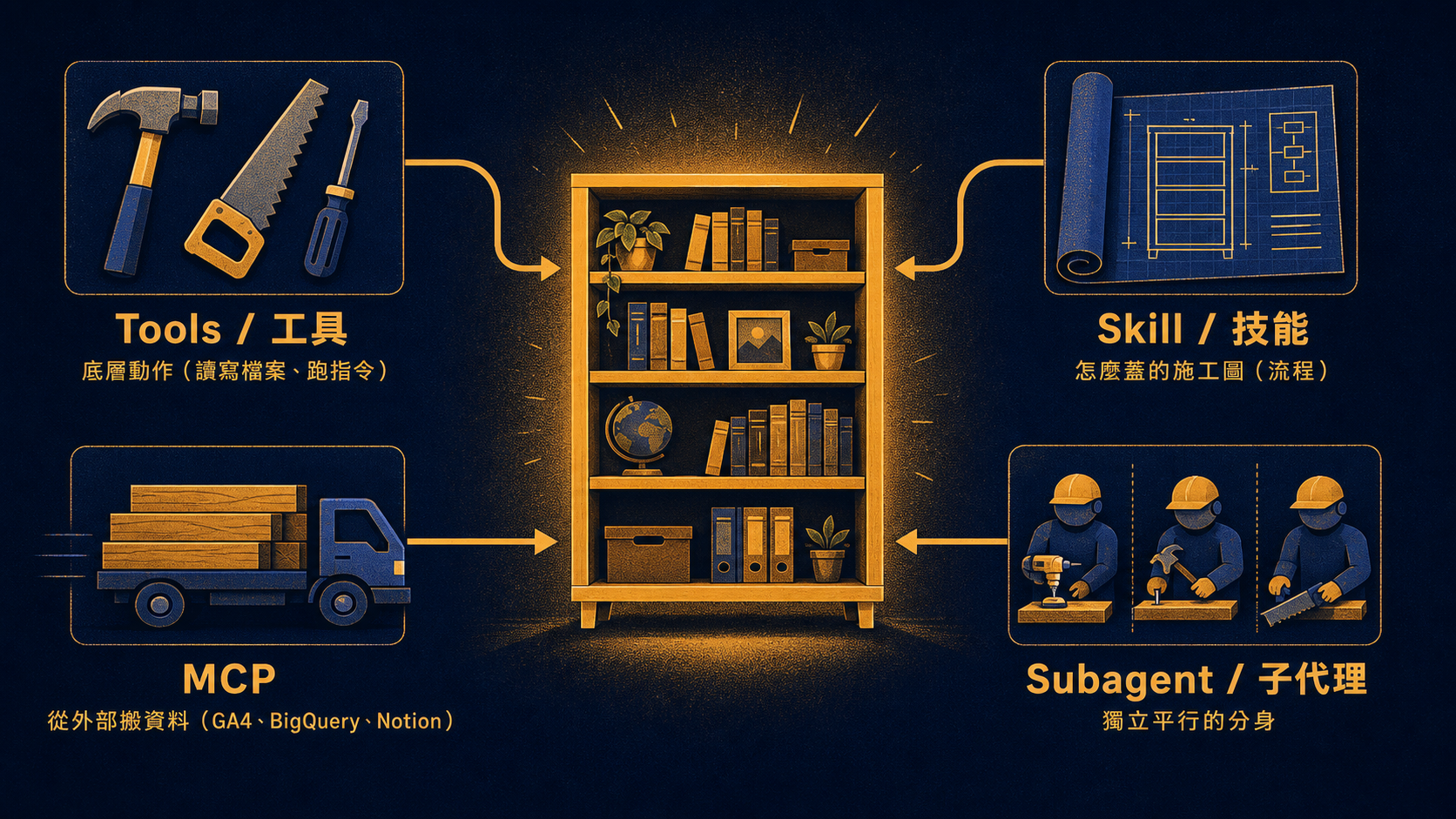工具、MCP、Skill、子代理各司其職:工具是鎚鋸、MCP 搬資料、Skill 是施工圖、子代理是平行工班,一起蓋出你要的自動化。