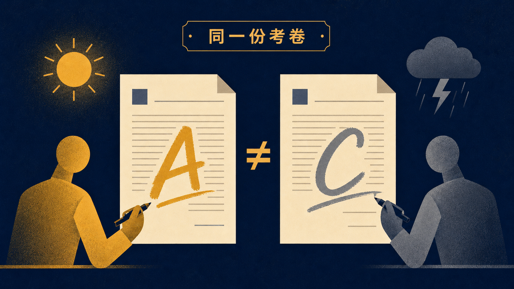 心情好壞導致同一份考卷被打出不同分數的示意圖