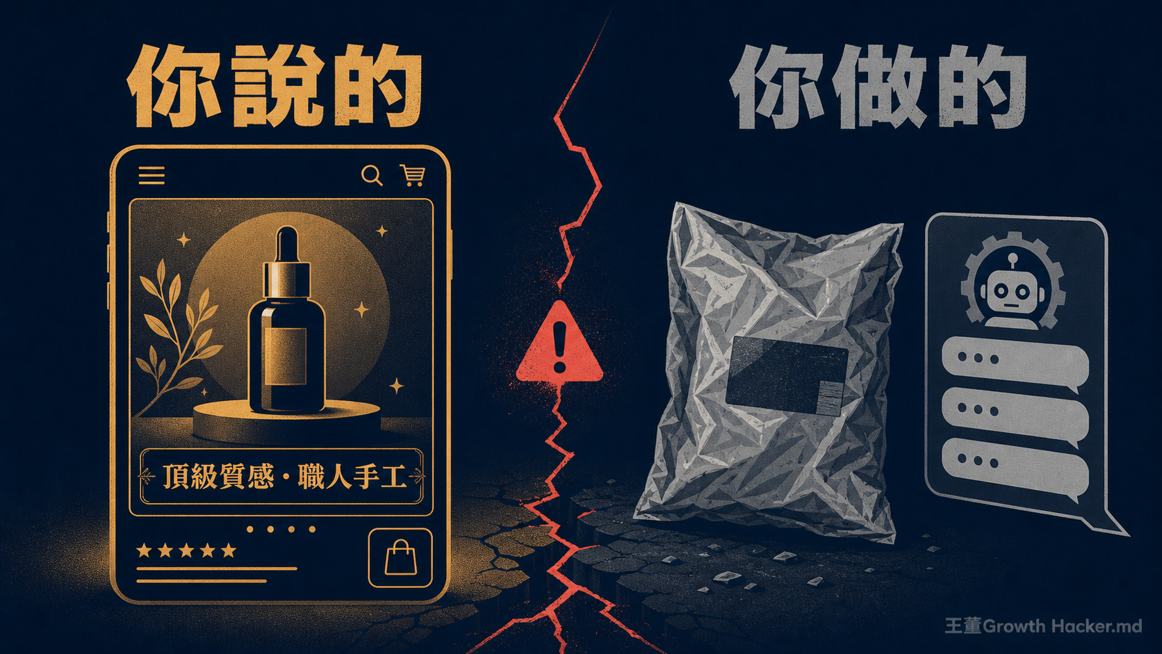 你說的 vs 你做的:精緻的商品頁承諾「頂級質感·職人手工」,實際到貨卻是皺巴巴塑膠袋加罐頭客服,承諾與體驗對不上