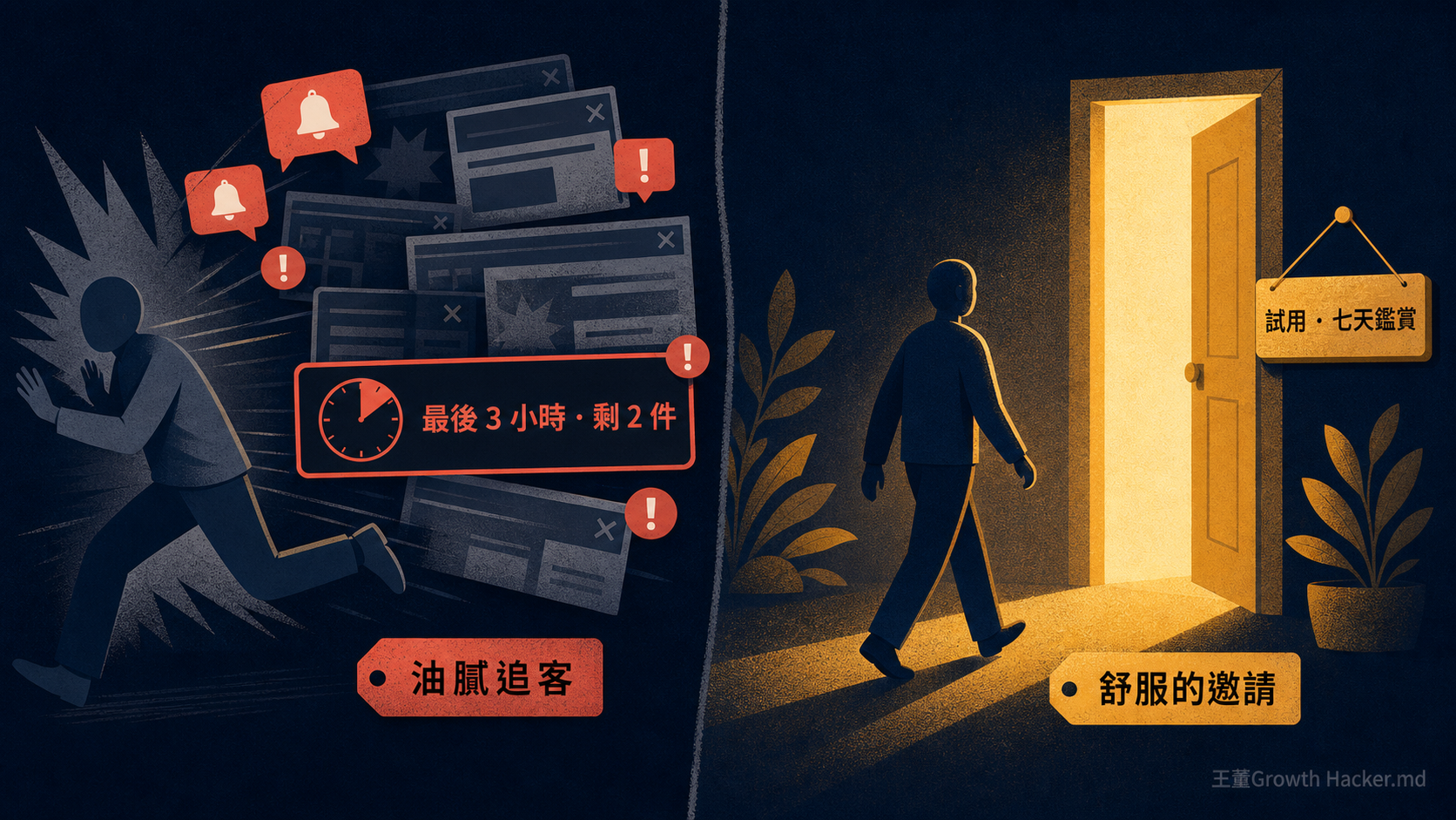 兩種邀請方式對照:左邊油膩追客用 push 通知、洗版廣告、最後 3 小時剩 2 件的恐嚇式倒數追著客人跑;右邊舒服的邀請是一扇溫暖敞開的門與試用、七天鑑賞的牌子,客人自在走進去