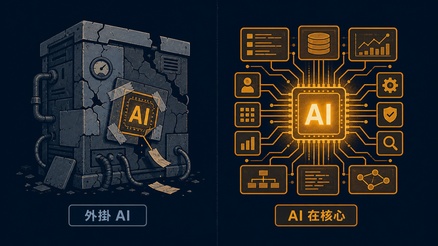 外掛 AI vs 以 AI 為核心：把 AI 貼在破掉的舊系統上，藥布會掉；AI 在核心才長得起來
