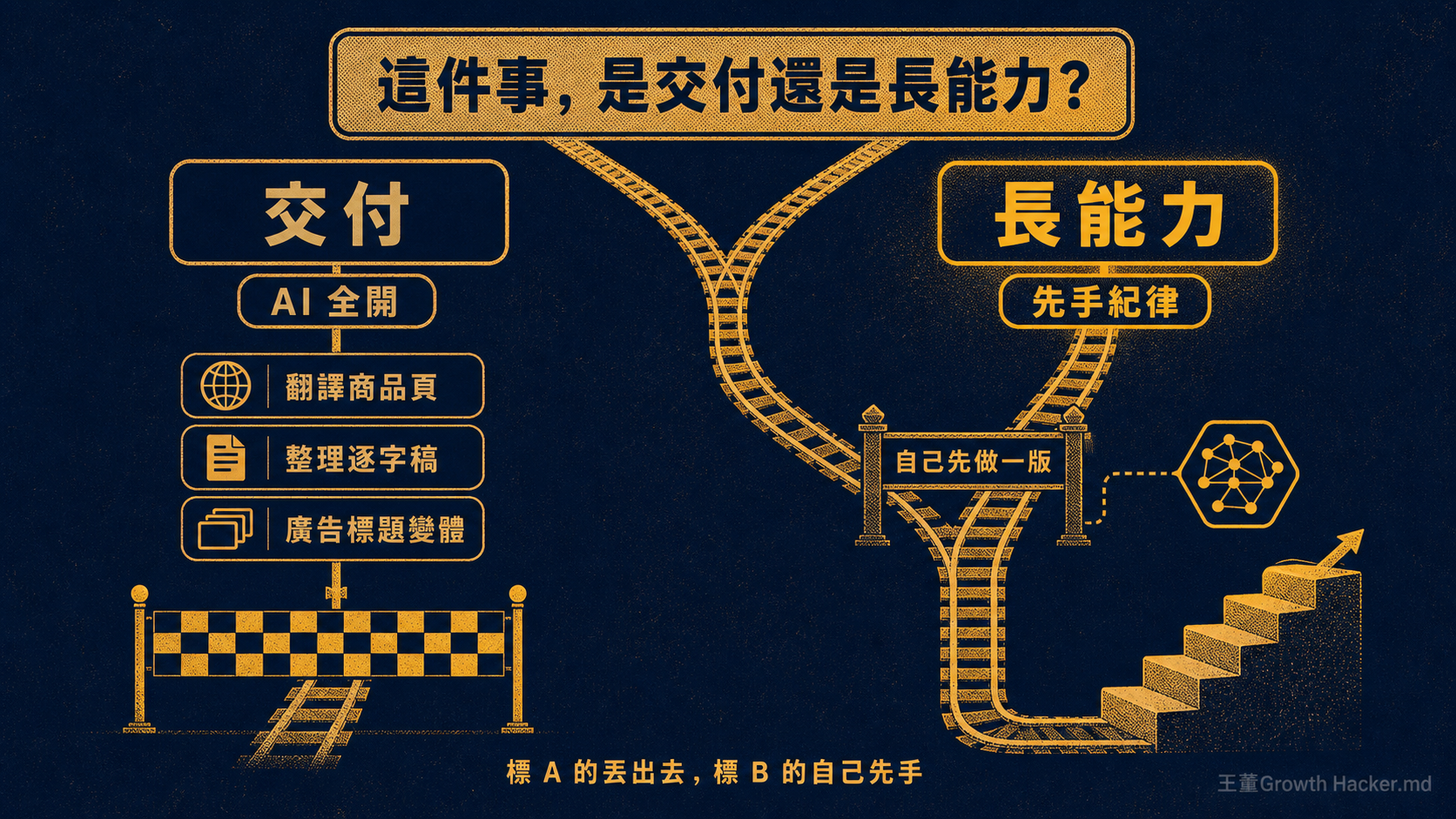 打開明天的待辦清單，每一項先問一句：這件事是交付，還是要長成能力？純交付的全丟給 AI；將來要靠它判斷別人產出的，強迫自己先手一版。