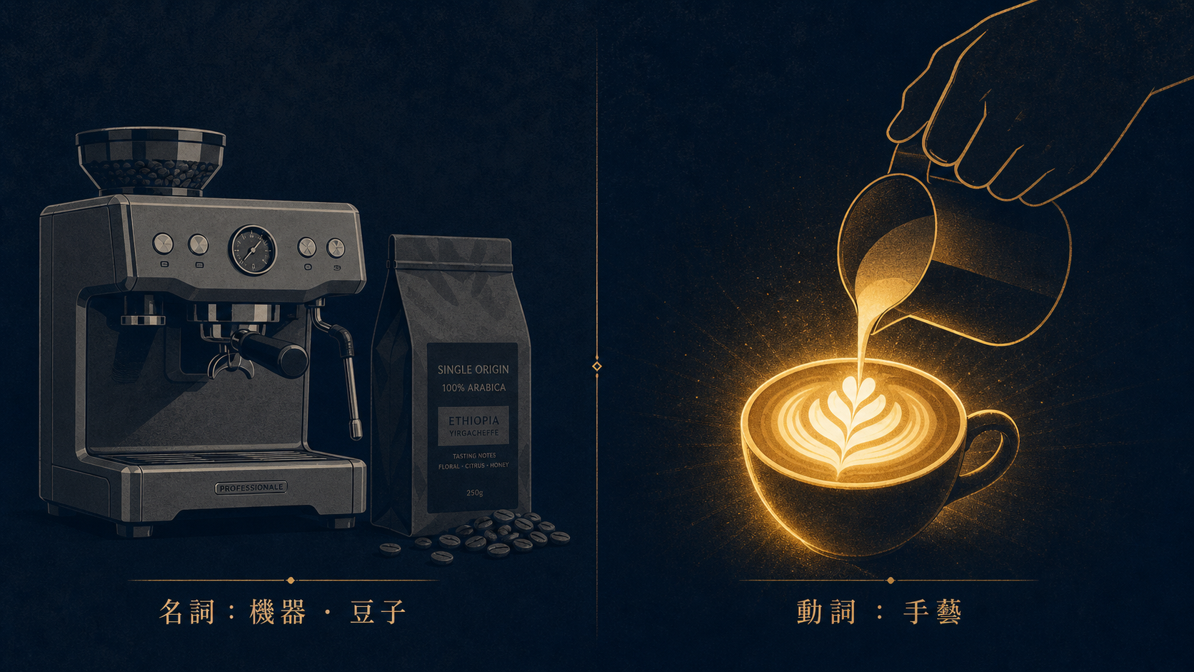 名詞（頂級咖啡機、莊園豆）人人買得到；把它變成一杯好咖啡的手藝，才是值錢的動詞。