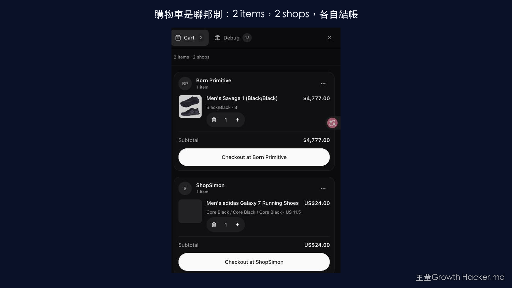 實際截圖：UCP 的購物車是聯邦制，2 items、2 shops，結帳仍要分別走進每個商家自己的櫃檯