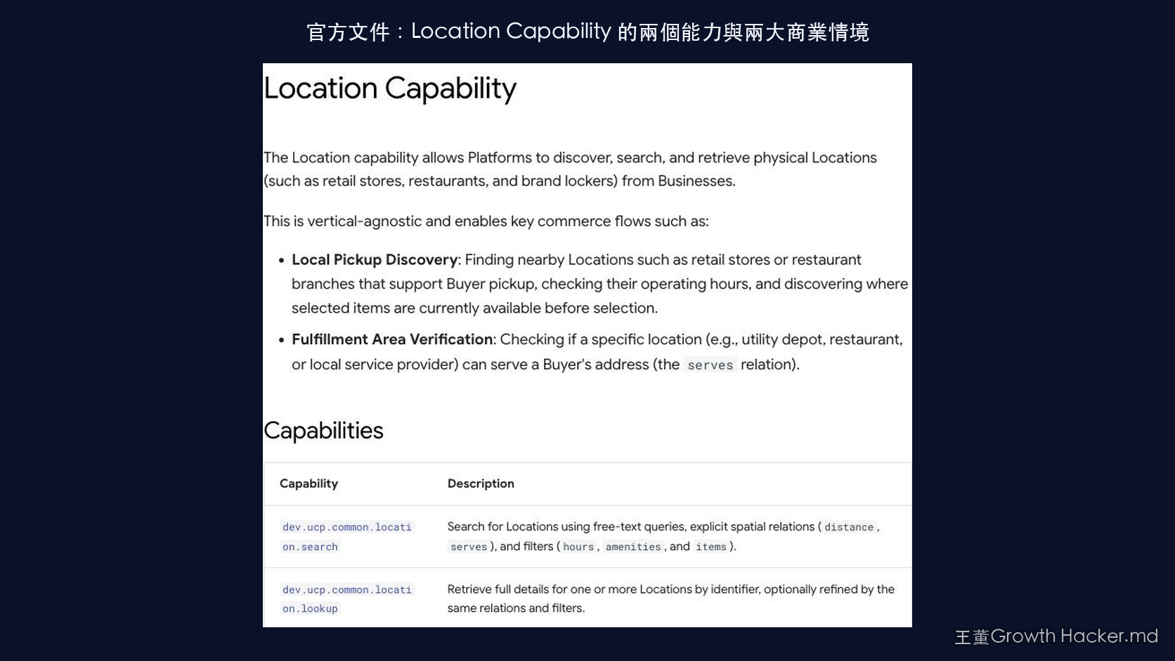 官方文件截圖:Location Capability 的兩個能力(search / lookup)與兩大商業情境