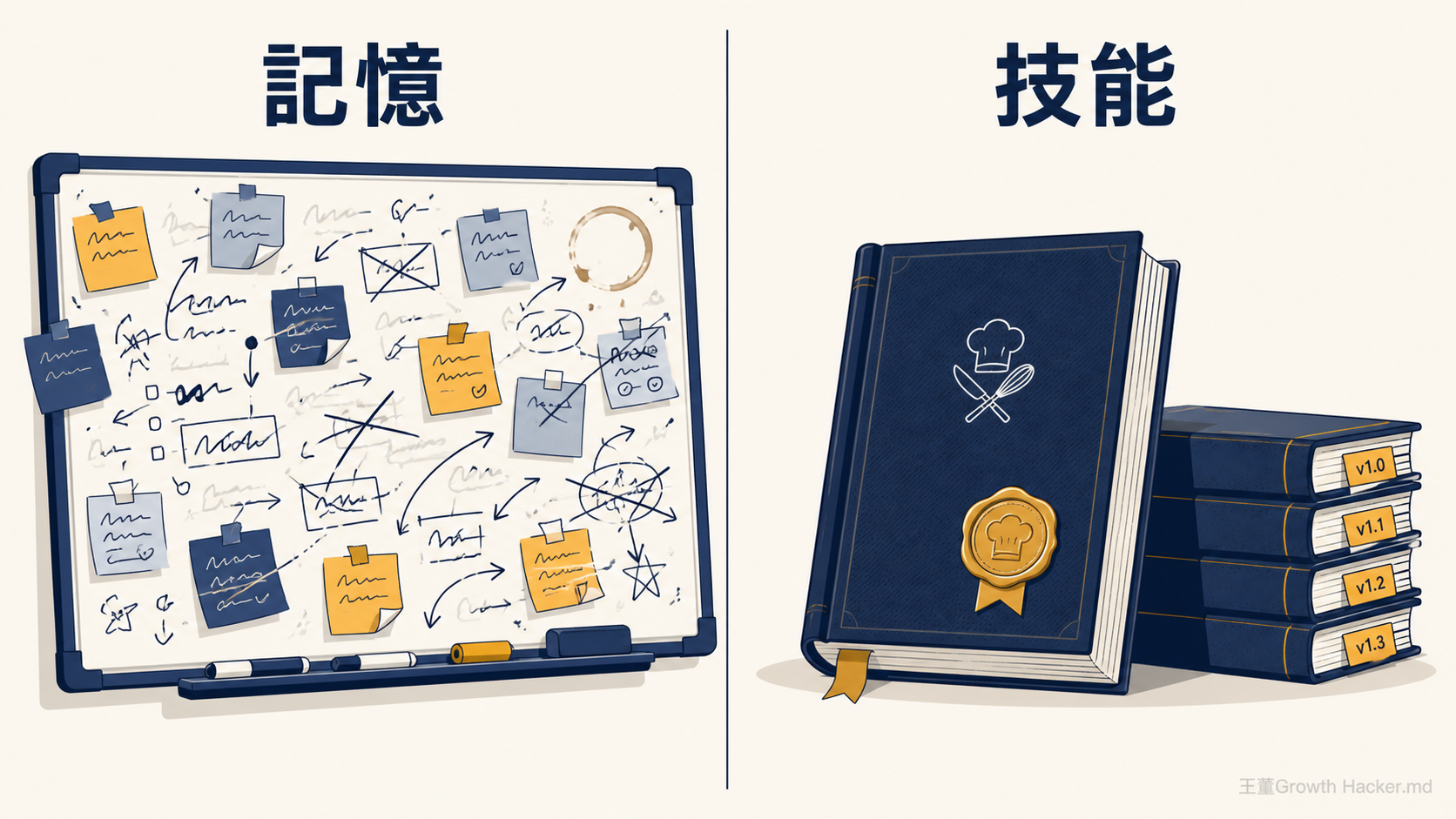記憶像雜亂的白板，技能像要簽名核准才能改、還有版本的食譜手冊