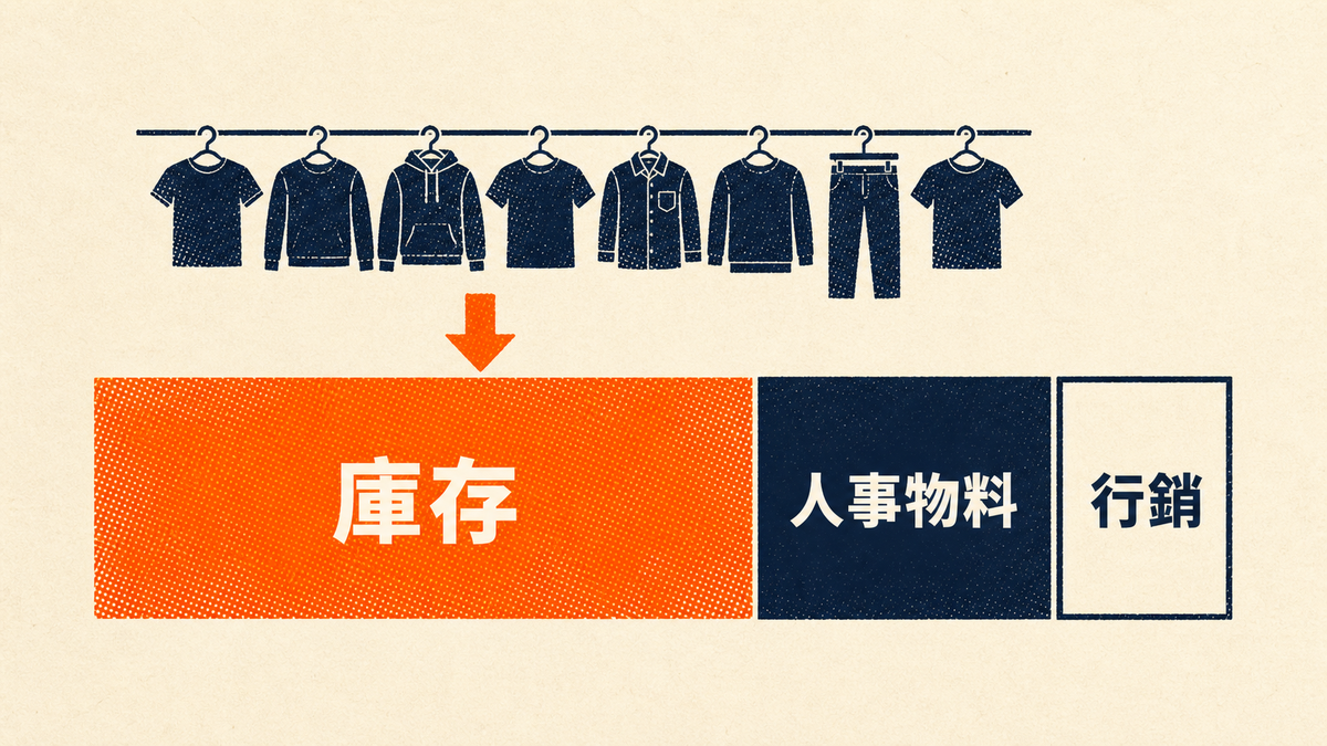 服飾成本結構：庫存佔最大一塊，其次是人事物料與行銷