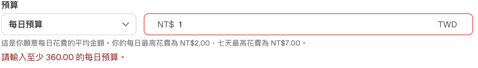 ChatGPT Ads Manager 每日預算欄位紅字：請輸入至少 360.00 的每日預算