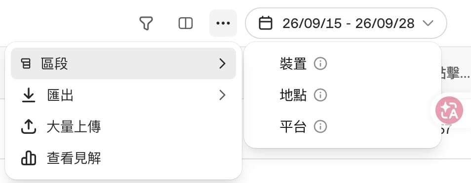 ChatGPT Ads Manager 報表的區段選單：裝置、地點、平台