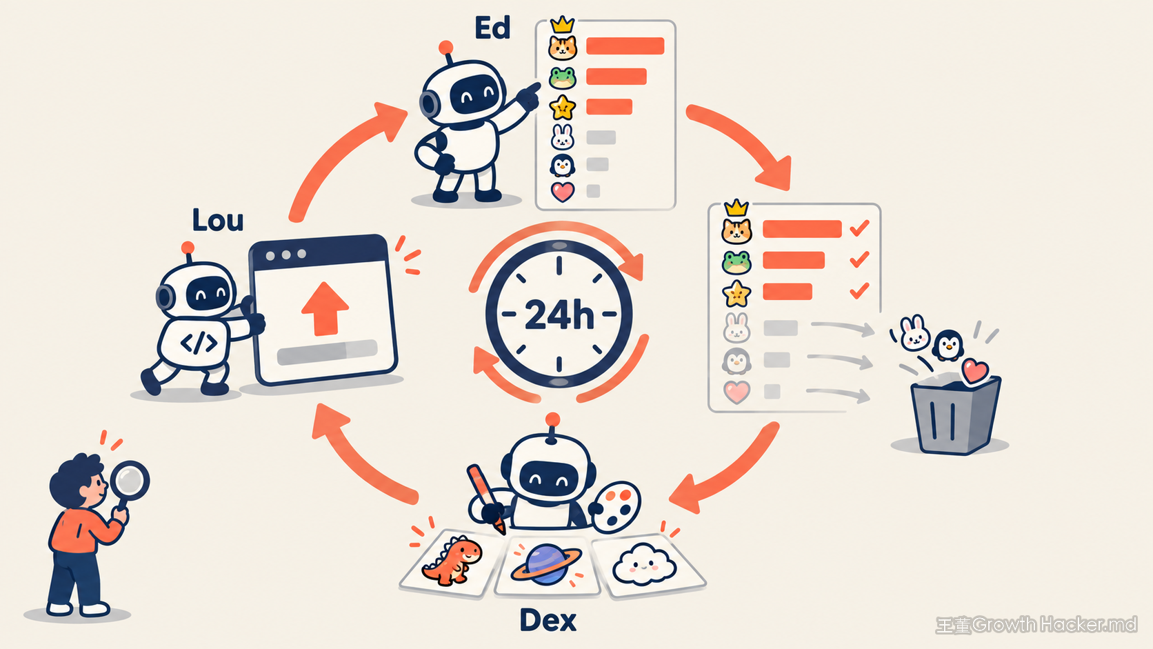 每 24 小時的自我演化迴圈：Ed 讀數據、淘汰墊底 3 款、Dex 設計 3 款新的、Lou 更新網站，人類在旁檢查
