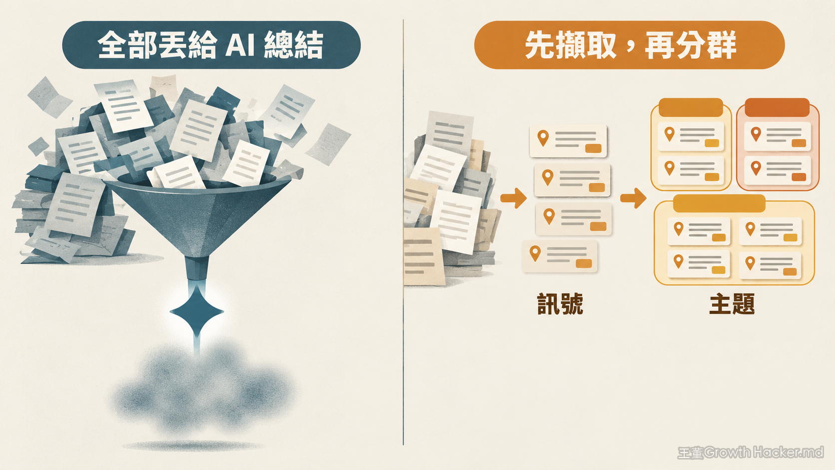 先擷取再分群:把百萬則對話直接丟給 AI 總結,與先抽成帶出處的訊號、再分群成主題的差別