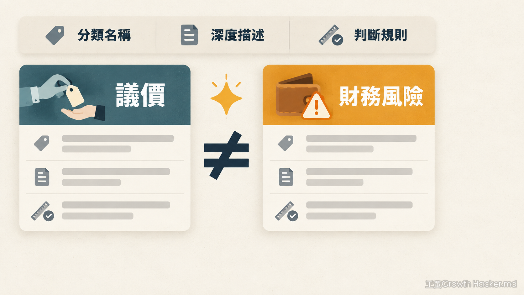 訊號定義表的三個欄位:分類名稱、深度描述、判斷規則,以「議價」與「財務風險」兩種容易混淆的訊號為例