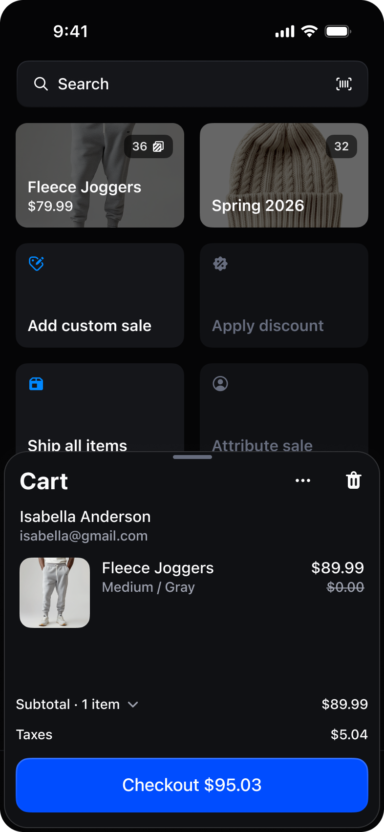行動版 Shopify POS 展開的購物車畫面
