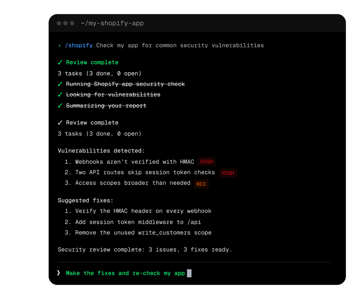 Shopify CLI 安全檢查列出已完成項目、偵測到的漏洞與建議修正的官方示意畫面