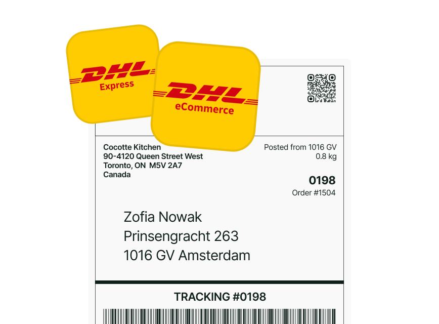 DHL Express 與 DHL eCommerce 標誌疊在寄往阿姆斯特丹的運送標籤上的官方示意畫面