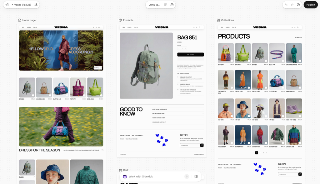 Canvas 總覽畫面,首頁、商品頁、系列頁模板並排顯示
