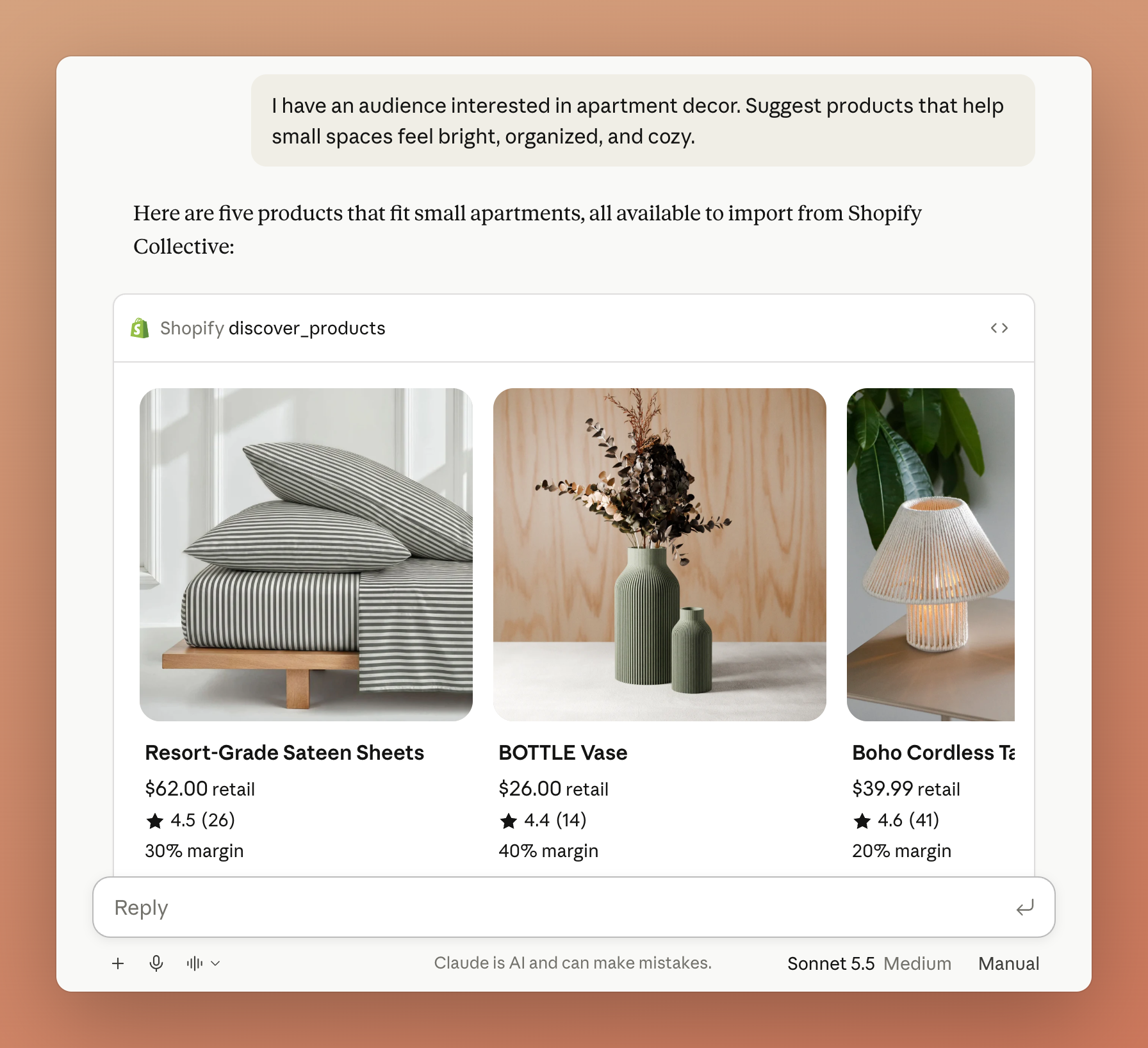 在 Claude 對話中透過 Shopify 工具推薦可從 Shopify Collective 匯入的商品,含零售價與毛利