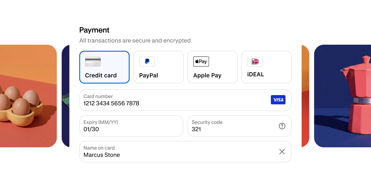 結帳付款區改為信用卡、PayPal、Apple Pay 等磚塊選項的官方示意畫面