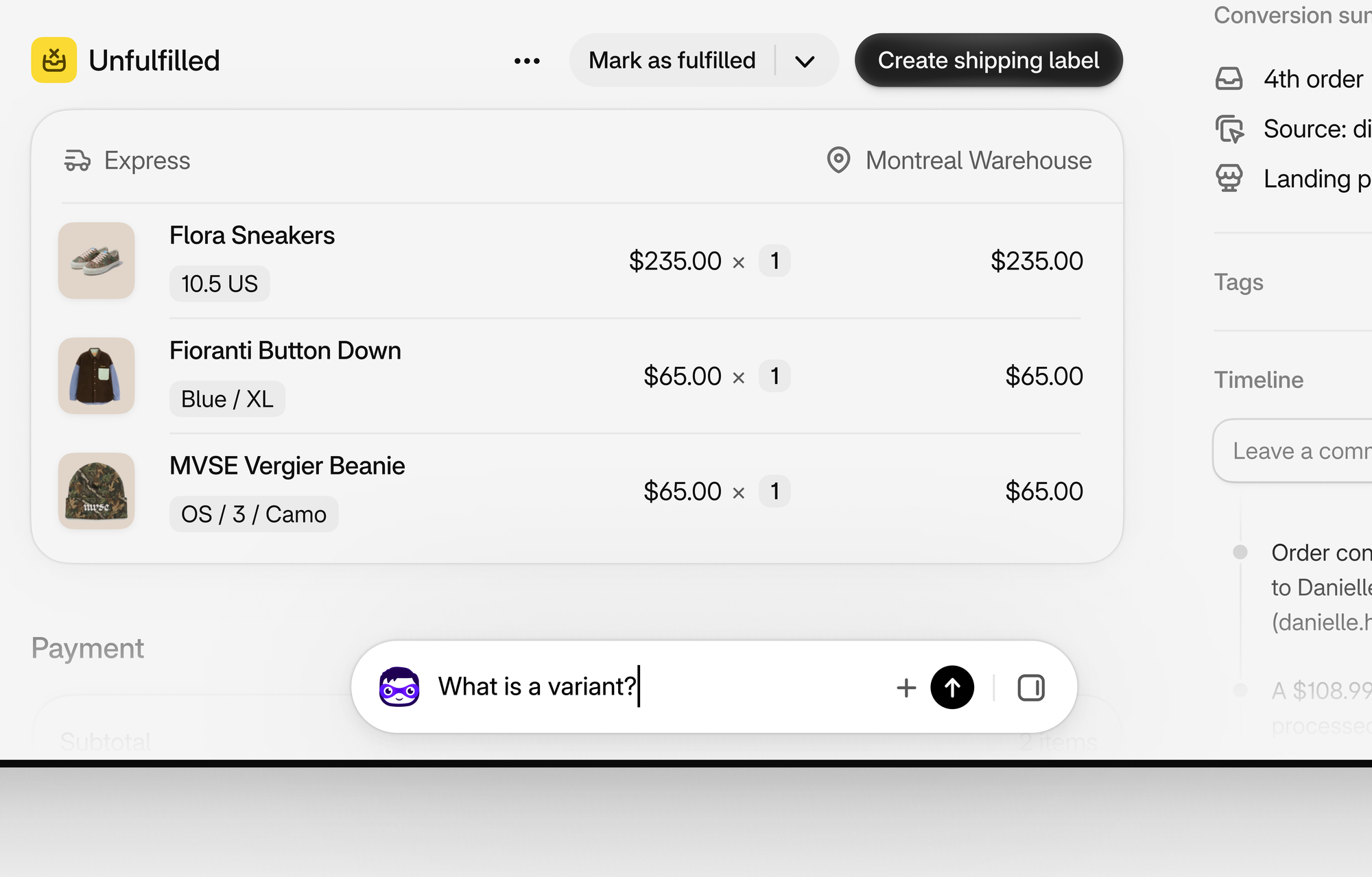 Shopify 訂單頁上的浮動 Sidekick 對話框特寫