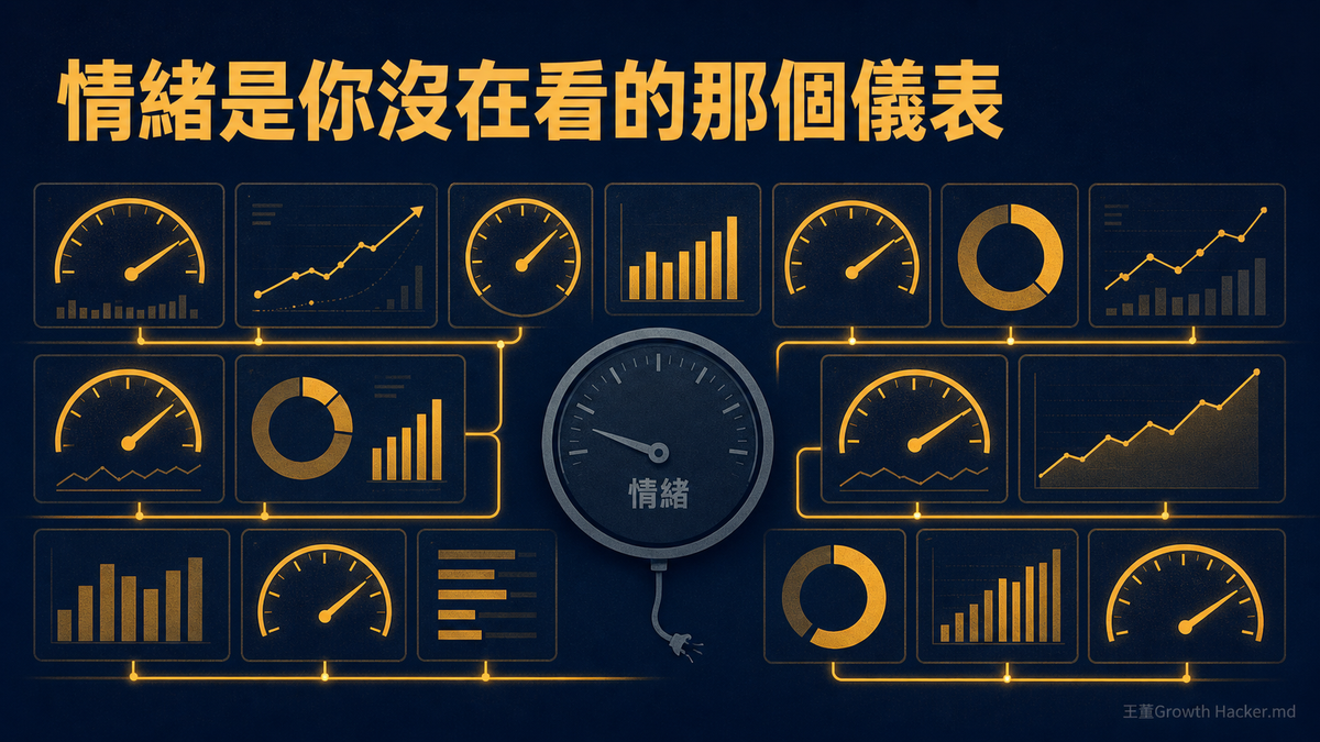 一整面發亮的營運儀表牆，中央唯一一個沒接電、暗掉的儀表寫著情緒