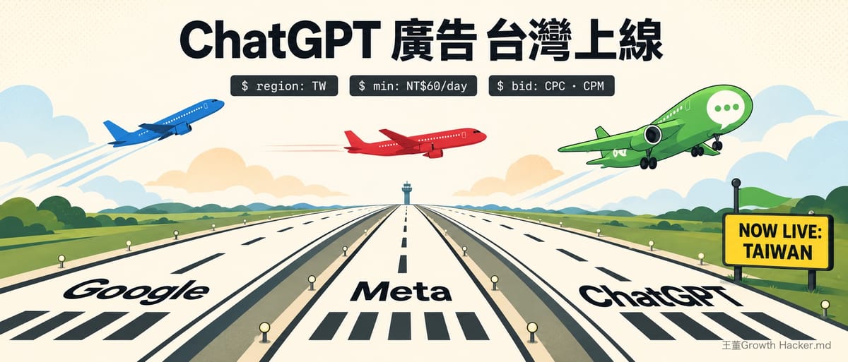 ChatGPT 廣告台灣上線：Google、Meta、ChatGPT 三條跑道，ChatGPT 綠色飛機起飛